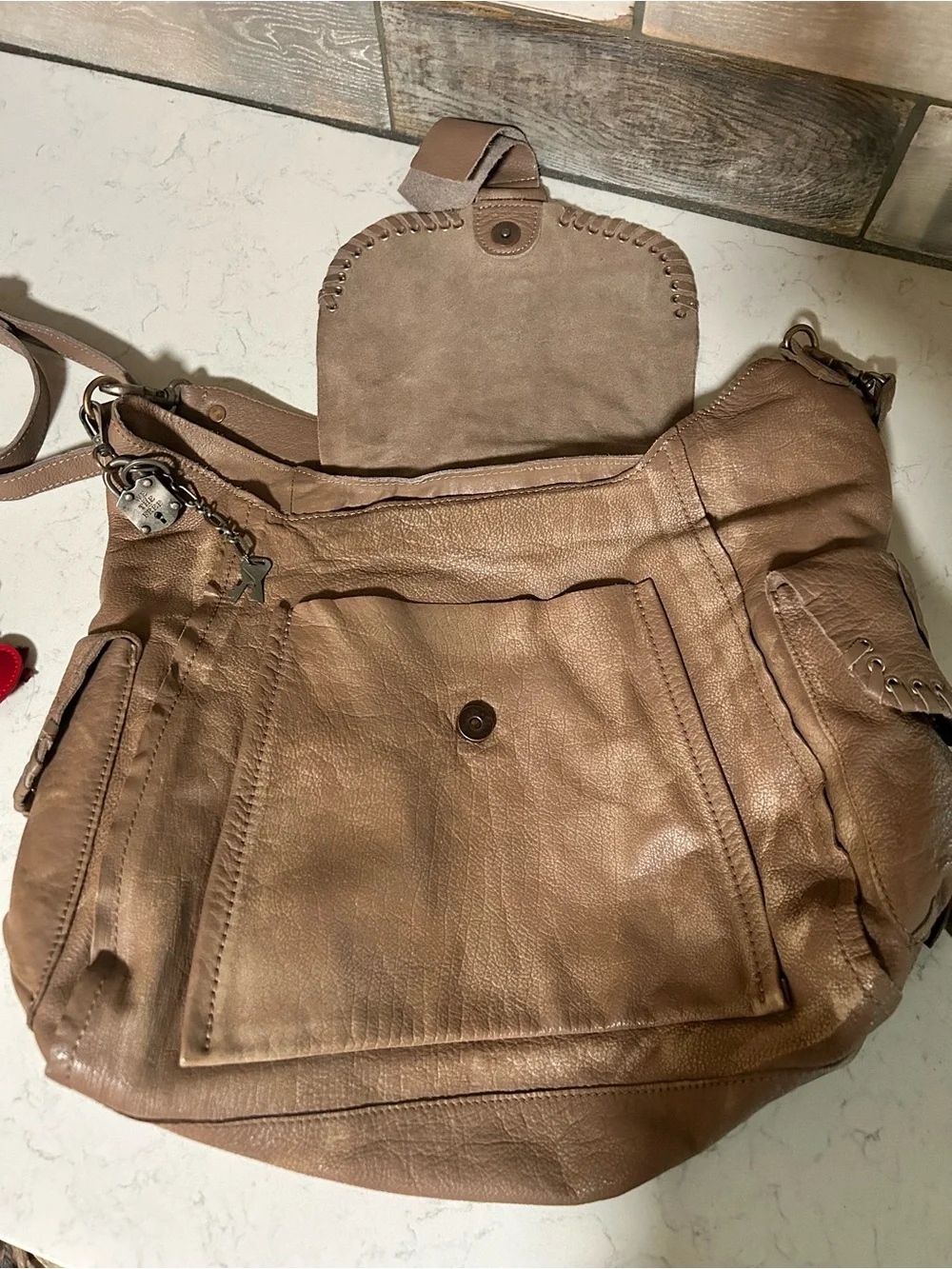 LIKE NEW We The Free Leigh Hobo Distressed Leather Tote in Saddle With Charms